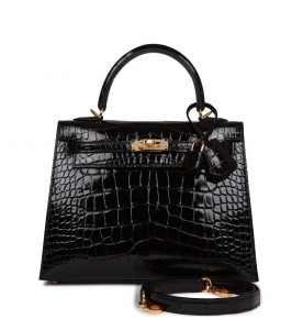 Hermes Сумка Kelly Sellier 25 Black Shiny Alligator
