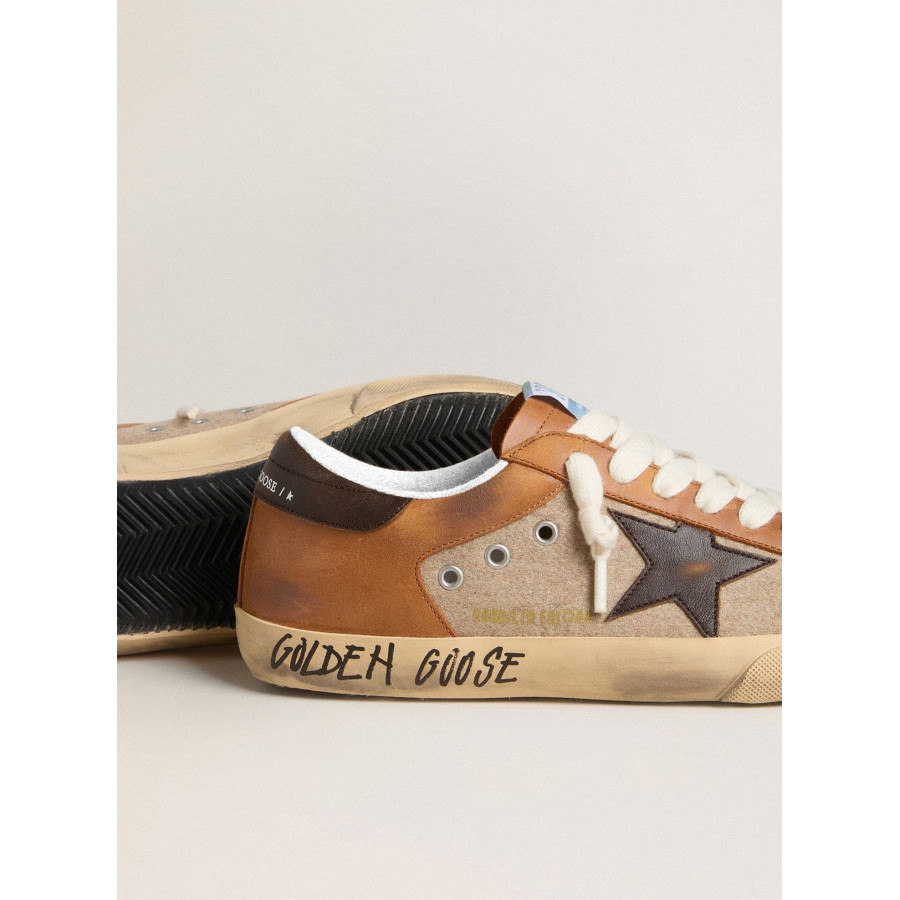 Golden Goose Кроссовки Super-Star LTD из бежевой шерсти с коричневой кожаной звездой и верблюжьими вставками