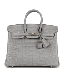 Hermes Сумка Birkin 25 Gris Perle Verso Matte Alligator Brushed<br />