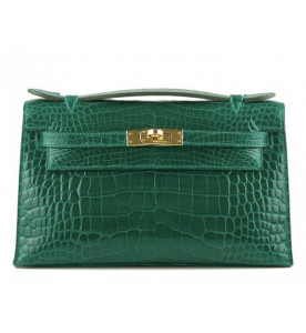 Hermes Миниатюрная сумка Kelly Pochette Emerald Shiny из кожи аллигатора